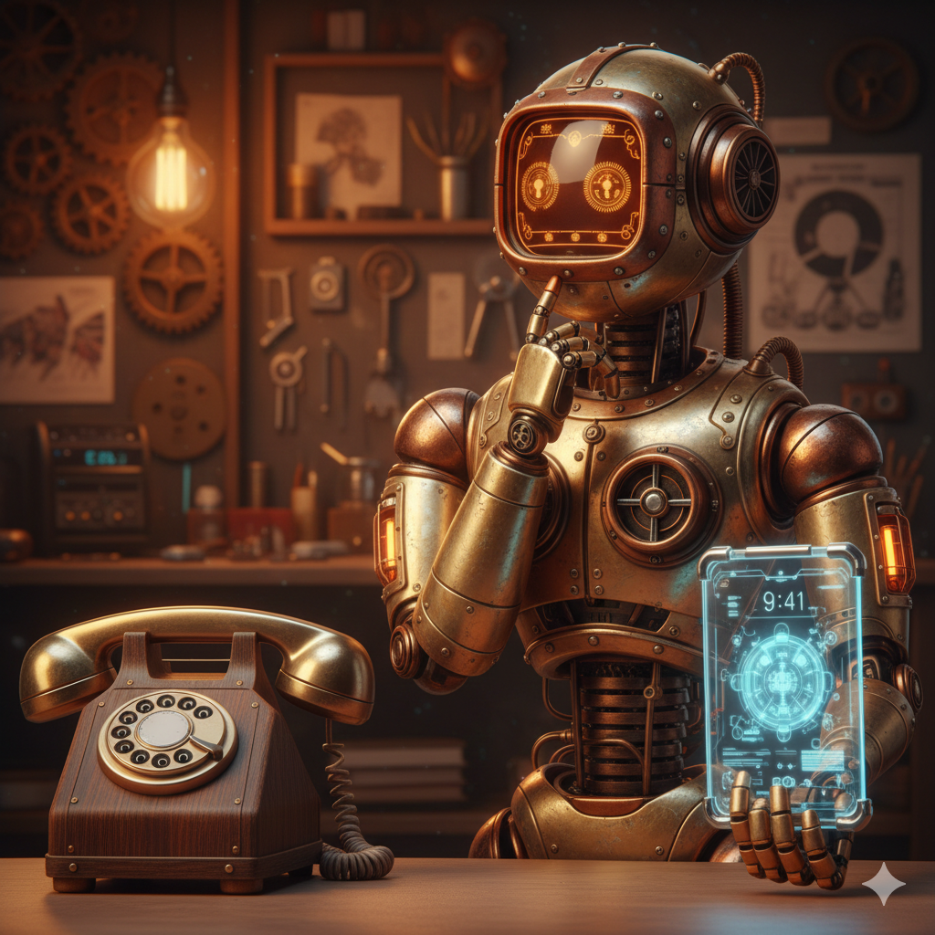 Robot estilo retro pensando junto a un teléfono clásico, sosteniendo una pantalla digital, representando automatización de llamadas con IA.
